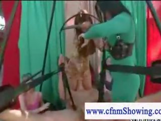 Cfnm girls jerking off chap in a swing while he eats puss
